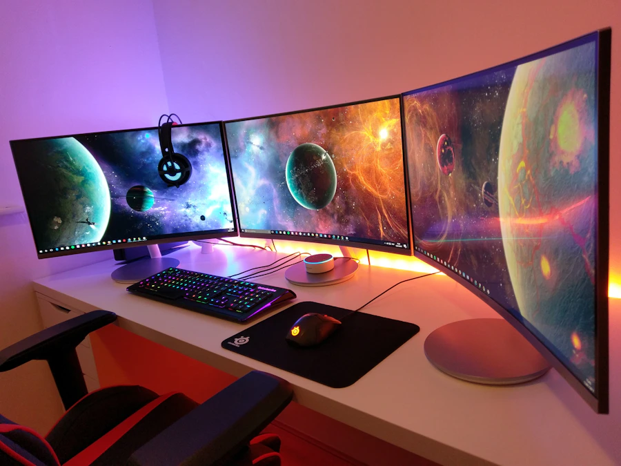 Sala de servidores com iluminação em tons frios e corredores simétricos